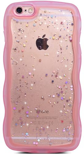 Qokey Coque pour iPhone 6S, iPhone 6 de 4,7, design bouclé et ondulé, coque transparente à paillettes scintillantes, protection complète en TPU souple antichoc pour femmes et filles, rose