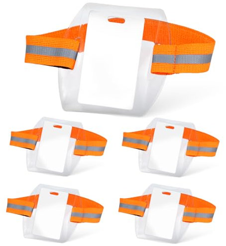 5pcs Porte-Badge de Bras avec Sangle Réfléchissante, Haute Visibilité Brassard Transparent pour Carte d'Identité Réglable Porte-Étiquette Nom Poignet PVC pour Travail et Forfait Ski (Orange)