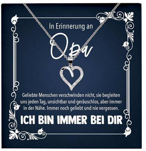 22Feels Kondolenz Geschenk, In Erinnerung an Opa, Trauer Schmuck Set Frauen, Andenken an verstorbenen Grossvater, Vatertag, RIP Beerdigung - Echt Silber 925 Herz Halskette mit Karte