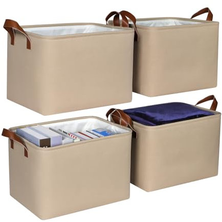 Syeeiex Storage Baskets for Shelves 4 Pack, Fabric Storage Boxes with Leather Long Handles, Foldable Storage Basket for Toys, Clothes , Organizing Home and Office - Cocoa