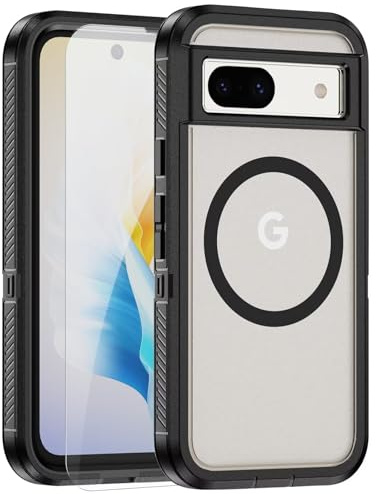 YANJIEER ESONG Funda Magnética para Google Pixel 8A Carcasa Rígida Mate Compatible con Magsafe,1*Cristal Templado,Protectora Grado Militar a Antigolpes Dura Case,Negro+Transparente