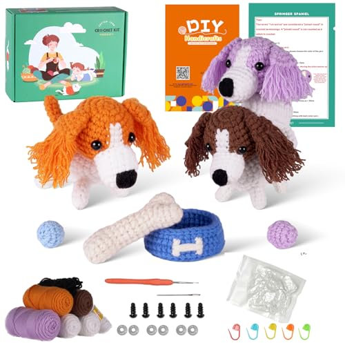 Finnacy Häkelset für Hunde, 3 Stück Hunde, 1 Reisschale, 1 Hundeknochen und 2 kleine Kugel, Häkelset für Anfänger, Häkel-Starter-Kit mit Schritt-für-Schritt-Video, Garnen, Haken und Zubehör (Springer
