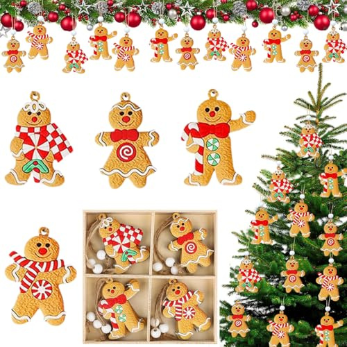 12 Stück Christbaumschmuck Lebkuchen aus Holz natürlich schmücken, Weihnachts Ornamentes Lebkuchenfiguren Deko Anhänger Weihnachtsdeko Lebkuchenmann Für Weihnachtsbaumschmuck