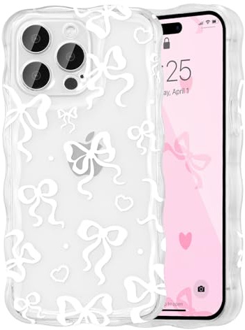 UEEBAI Bow Case for iPhone 14 Pro 6.1, Wavy Cute Ribbon Pretty Aesthetic Case Curly Stylish Soft Wave Clear Phone Shockproof Protective Pretty Cover for Women Girl - White