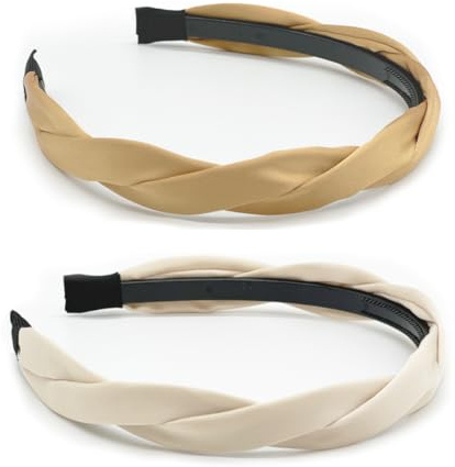 2 Stück Mode haarreifen Damen, Satin geflochtenes Haarband,Stoff-Haarbänder mit Zahn, 2.5 cm rutschfestes Haarreifen-Zubehör, 2 Farben (Beige+Khaki, ONE SIZE)