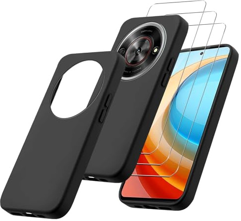 MIBZOR 3 in 1 Cover Compatibile con ZTE Blade A75 5G (6.6) Nero | e 2 Pezzi Vetro Temperato Pellicola Protettiva, Black Morbido Silicone Custodia Protettivo TPU Protezione Case