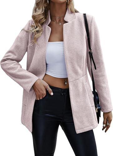 Jhsnjnr Blazer élégant ouvert devant pour femme à manches longues col montant chaud long veste manteau business tweed costume veste, Rose, L