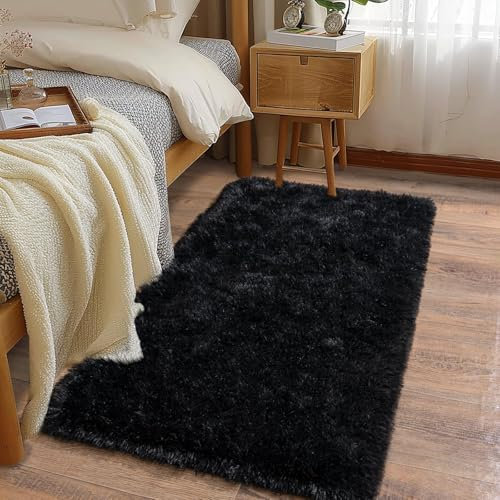 BSGIFT Hochflor Teppich 80x150 Schwarz Flauschig, Shaggy Langflor Teppich Läufer rutschfest Modern High-Pile Carpet Bettvorleger Teppiche für Schlafzimmer Wohnzimmer