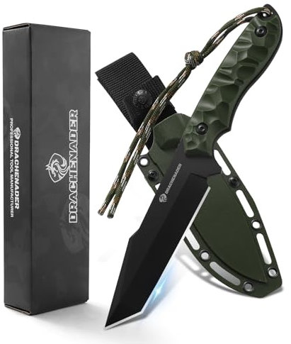 DRACHENADER Couteau de survie extérieur B-ER-TANTO POINT, longueur de lame 13 cm, acier 5Cr14MoV, couteau de ceinture fixe avec étui Kydex, lame noire + manche ABS vert