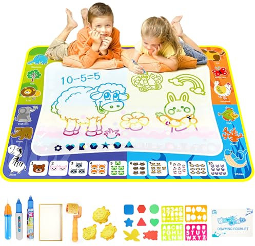 AIQI Tapis Dessin Enfant, 100 * 80 Grand Tapis Magique Dessin Eau Réutilisable, Tapis de Dessin à L'eau pour Bébé avec Jeu D'outils de Peinture,Jouets Éducatifs pour Garçons et Filles 1 2 3 4 5 Ans