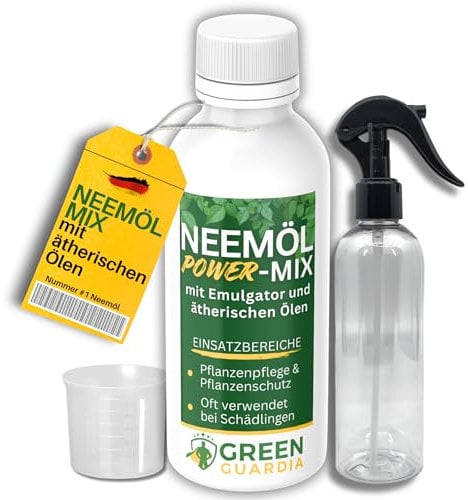 GREEN GUARDIA Neemöl Power-Mix – Natürliches Neemöl mit Emulgator und ätherischen Ölen für Garten- & Zimmerpflanzen, Neemöl Trauermücken, sprühfertige Mischung für 10 Liter Mischung,100ml