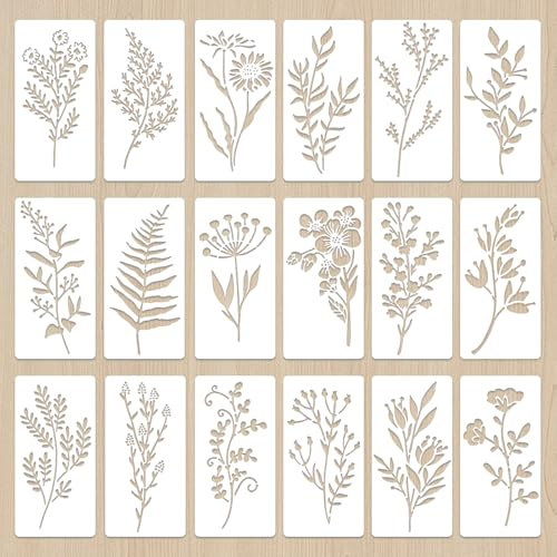 18 PCS Flower Stencils for Painting, Reusable Plastic Vine Leaf Stencil for Crafts, Botanical Flower Wall Stencils, Plant Floral Template for Art Wood Wall Door Home