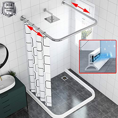 LUMSGN Tringle à Rideau en U, Extensible sans perçage, avec seuil de Salle de Bain et Rideau de Douche étanche/Tringle de 90 cm + Barrage d'eau de 250 cm