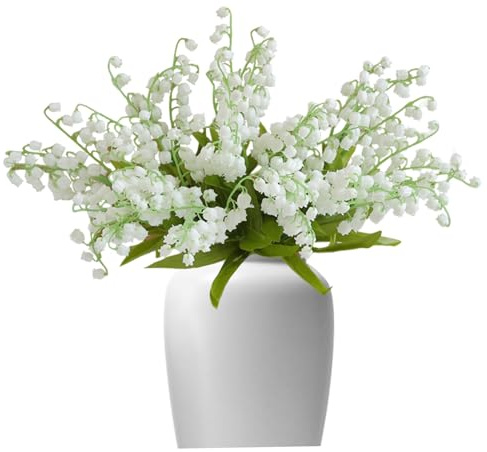 12Pcs White Artificial Lily of The Valley, 14 Faux Bell Orchid Flowers Bouquet for Wedding Home Garden Party Decor, Plastic May Flower Set