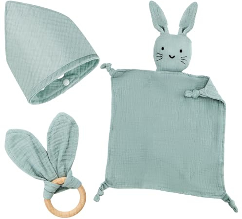 Baby Geschenk Junge Mädchen Neugeborene Geschenkset Babygeschenke 3 Stück Geschenke zur Geburt mit Schnuffeltuch Hase und Beißring Holz und Lätzchen Baby für Neugeborenen Babyparty Sachen (Mint)