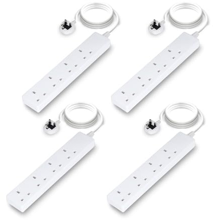 GEEPAS 4 Gang Extension Lead, 2M Cable | 4-Way Plug Extension Cable, Overload Protection | Wall Mountable & Multi Socket Mains Strip for Home Bedroom Office | Heavy Duty UK Plug | White Pack of 4