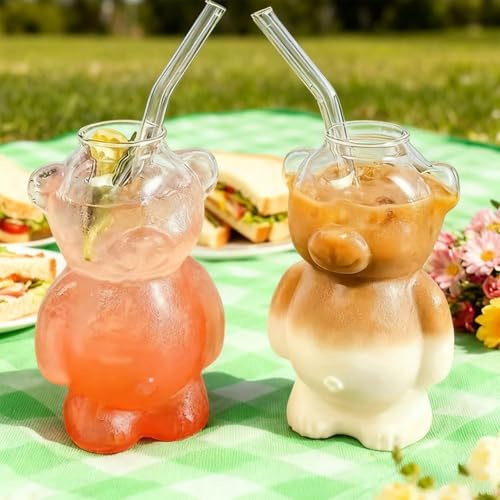 YRTUOP 2 Pièces Tasse En Verre Ours Mignon, 320 ML Tasse De Café Avec Paille Gobelet Ours Transparent Verres À Boire Pour Bar, Bureau, Fête, Café, 9.3x7.3x14cm