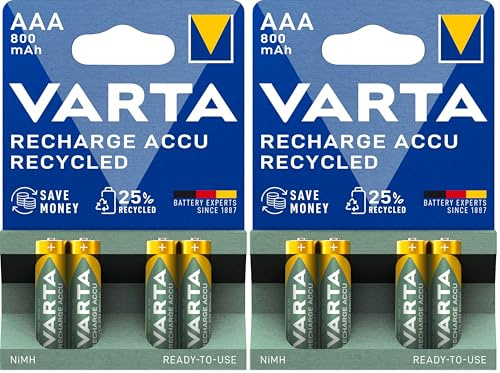 VARTA Piles Rechargeables AAA, Lot de 8, Recharge Accu Recycled, 800 mAh Ni-MH, fabriquées avec 21% de matériaux recyclés, préchargées, prêtes à l'emploi