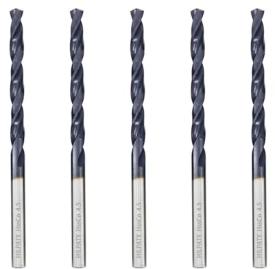 Hilpaty Cobalt Drill Bits 4.5mm x 5pcs M35 HSS Drill Bit for Metal, AlTiN Coating, Standard DIN 338 (4.5mm x 80mm x 5pcs)