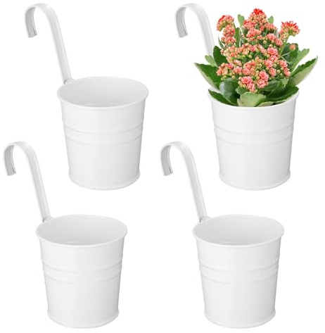 Puedno 4 macetas colgantes de metal con orificio de drenaje, macetas para colgar con gancho extraíble para jardín, terraza, balcón, 4 colores (blanco × 4)