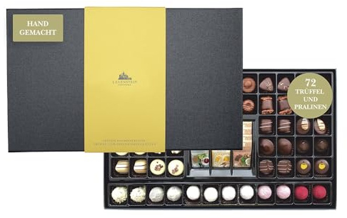 Lauensteiner Pralinen-Auslese | 830 g in Gold und Schiefer | 60 feinste Pralinen, 8 Napos - mit und ohne Alkohol | Handgefertigte Köstlichkeiten | 1er Pack