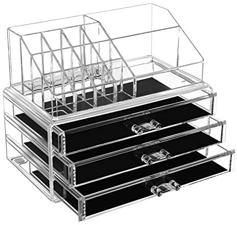 SONGMICS Make-up Organizer, Kosmetik-Organizer mit 3 Schubladen und 15 Fächern in unterschiedlichen Größen, transparent JKA002TP