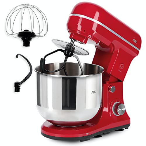 ADE Robot de cocina eléctrico, amasadora con cuenco de acero inoxidable de 5L, 6 velocidades, 1200W, 3 herramientas de mezcla, rojo | KA2100-1