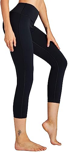 COOLOMG Damen Leggings Yoga Capris 3/4 Hosen Kompression Sport Trainingshose Schwarz M