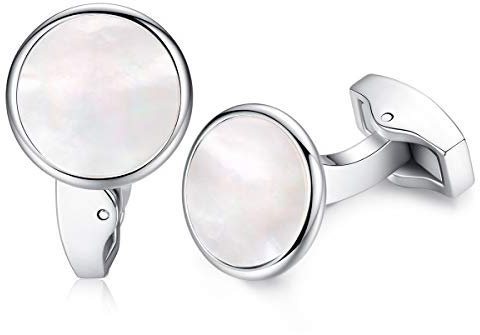 HONEY BEAR Herren Weiß Perle Schale Stein/Schwarz Achat Onyx Manschettenknöpfe Cufflinks Edelstahl Manschettenknopf für Hemd, Hochzeit Geschäft Geschenk,MEHRWEG (Weiße Schale)