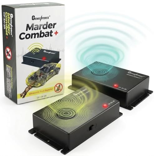 [2 Set] Genieforce® Marder Combat+ Marderschutz Batteriebetrieben, Marderschreck Ultraschallgerät, Marderabwehr, mobiler Schutz für Auto, Haus, Garten – GF-SK-2R