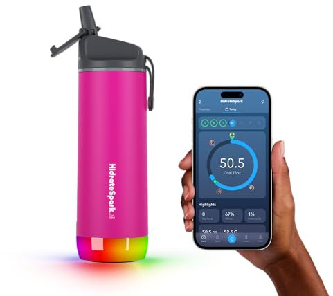 HidrateSpark PRO – Bouteille d'eau intelligente – Suit l'apport d'eau et brille pour vous rappeler de rester hydraté, paille, 500 ml, punch aux fruits