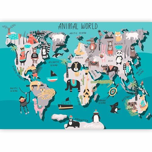 murando - Papier peint panoramique Carte du monde 350x256 cm - Revêtement décoration - Cartes des continents colorés pour enfants, animaux du monde pour enfants d'âge préscolaire k-C-0137-a-a