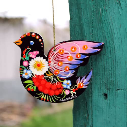 Handbemalter Bunter Christbaumschmuck Vogel aus Holz 9 x 7 x 0,5 cm Vögel Deko Anhänger nach Ukrainischer Art für Weihnachtsbaum und Fenster