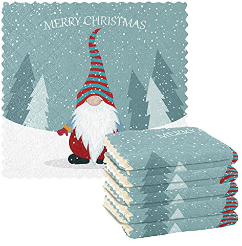 Confezione da 6 strofinacci da cucina con gnomo natalizio, 35 x 25 cm, per lavare piatti, cucina, bar, bancone e auto