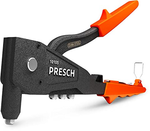 PRESCH Remachadora Manual inc. calibre de remaches - Tenaza remachadora profesional robusta - Acero inoxidable Ø 2,4, 3,2, 4,0mm y aluminio-acero hasta 4,8mm - Pistola de remaches manuales