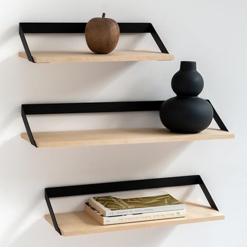 Kazai. Wandregal-Set -Finn- | Hängende Regale aus Metall und Echtholz-Veneer | Wanddeko und Ablage für Bad, Wohnzimmer, Küche, Schlafzimmer und mehr | Birke