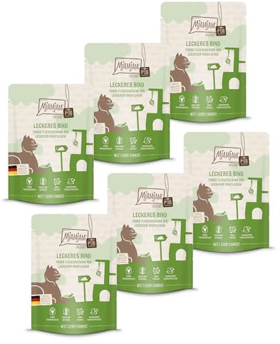 MjAMjAM - Premium Nassfutter für Katzen - Quetschie Purer Fleischgenuss - leckeres Rind pur 300g, 6er Pack (6 x 300g), naturbelassen mit extra viel Fleisch