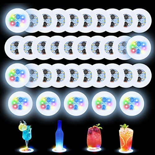 Luolety LED Coaster, 35PC Cup LED Stickers Light Up Bar Coasters Tunnel Liquor Bottle Flash Light Cup Mat for Glass Beverage Mat Home Flashing Shots Light for Party, Wedding (Colorful)