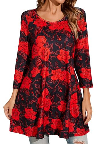 Enmain Women Tunic Top 3/4 Sleeve Flower Printed Long Shirts Casual Round Neck Ladies Longline Blouses Pluse Size Shirts for Daily Black/Red 5XL