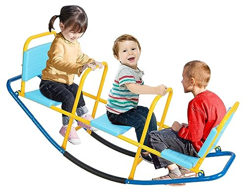 GOPLUS Schaukelwippe mit 3 Sitzen, Kinderschaukelstuhl mit Griffen&Rückenlehnen, Teeter Totters aus Kohlenstoffstahl, für Drinnen und Draußen, für Kinder 3-8 Jahre bis zu 100 kg (Blau)