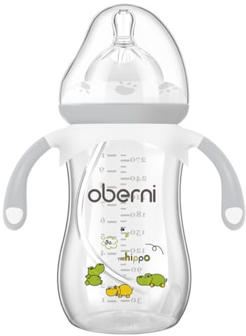 Oberni Weighted Baby Bottles with Size 4 Fast Flow Breast-Like Teat for 12 Months Plus / 1 Year Old Newborn Babies, 270ml/9oz, Non-Slip Handles, Anti-Colic, Grey/1 Pack