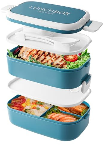 Bento Lunch Box Stackable,1400ml Containers with 4 Compartments and Cutlery, Leakproof 2 Layer Boxes, for Adults Kids Office, Microwave Dishwasher Safe (Blue)
