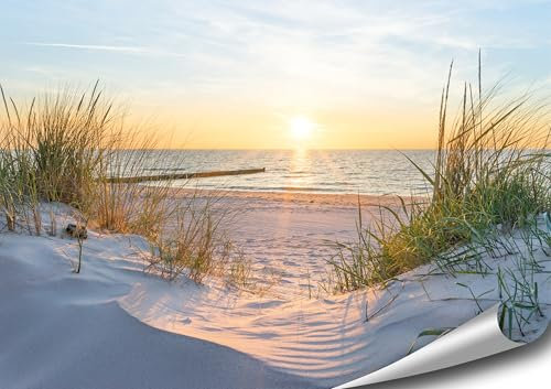 4FINO Meer Poster | Sonnenaufgang am Strand | Dünen | Bilder Natur Foto | Dekoration Wohnzimmer Schlafzimmer Küche | Ohne Rahmen (Mehrfarbig, 70 cm x 50 cm)
