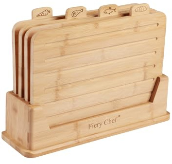 Fiery Chef Bambus-Schneidebrett-Set mit Halter, Schneidebrett-Set mit Lebensmittel-Symbolen, Saftrille – ideal für Fleisch, Fisch, Brot, Gemüse, Obstschneidebrett, 37 cm L x 27 cm B