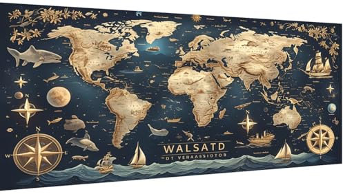 Weltkarte Diamond Painting Erwachsene XXL 60x30cm, 5D Diamant Painting Bilder Retro Muster, DIY Eckige Steine Daiments Malerei Anfänger Mosaikherstellung Bastelset, Schlafzimmer Deko Aesthetic Model30