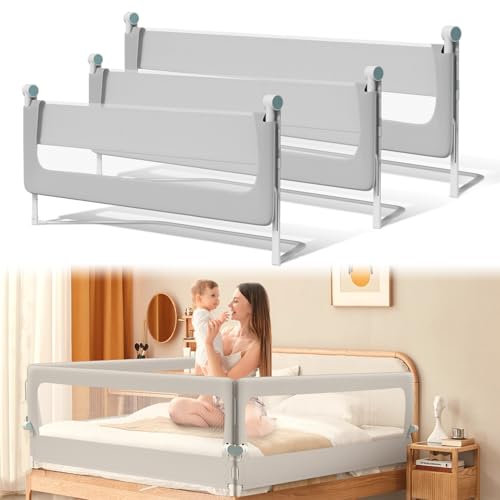 Ikodm Rausfallschutz Bett, Rausfallschutz Boxspringbett 200cmx2+150cmx1, Bettgitter höhenverstellbar 72-86 cm, zusammenklappbar um 180 Grad, luftiges Netz, einfache Montage, Grau