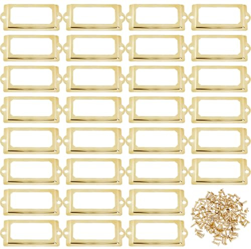 SUPERFINDINGS 50Stück Namenskarten Rahmen 7x3,3cm Etikettenhalter Schilder Schlitze Eisen Rechteck Aktenschrank Etikett Halterung mit Schrauben Goldene Bibliothek Schubladen Schilder für Schrank Regal