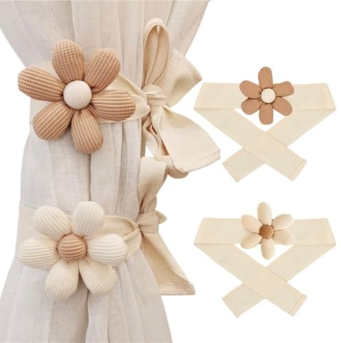 EVBOTGEE Lot de 2 Attaches pour Rideaux en Lin Fleuri 80 cm – Laissez-Passer bohème réglable sans perçage – Idéal pour Salon, Chambre, Bureau – Durable et Facile à Nettoyer