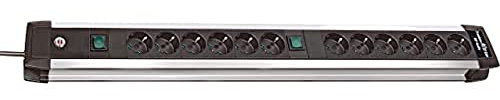 Brennenstuhl Premium-Alu-Line, Steckdosenleiste 12-Fach - Steckerleiste aus hochwertigem Aluminium (mit 2 Schaltern und 3m Kabel, Made in Germany) Silber/schwarz