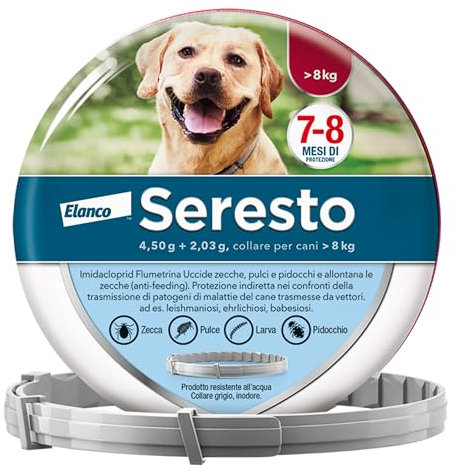 Elanco Seresto Collare antiparassitario, Per cani oltre 8 kg, Elimina pulci, zecche, pidocchi e protegge dal rischio di trasmissione, Della leishmaniosi fino a 8 mesi, 1 pezzo